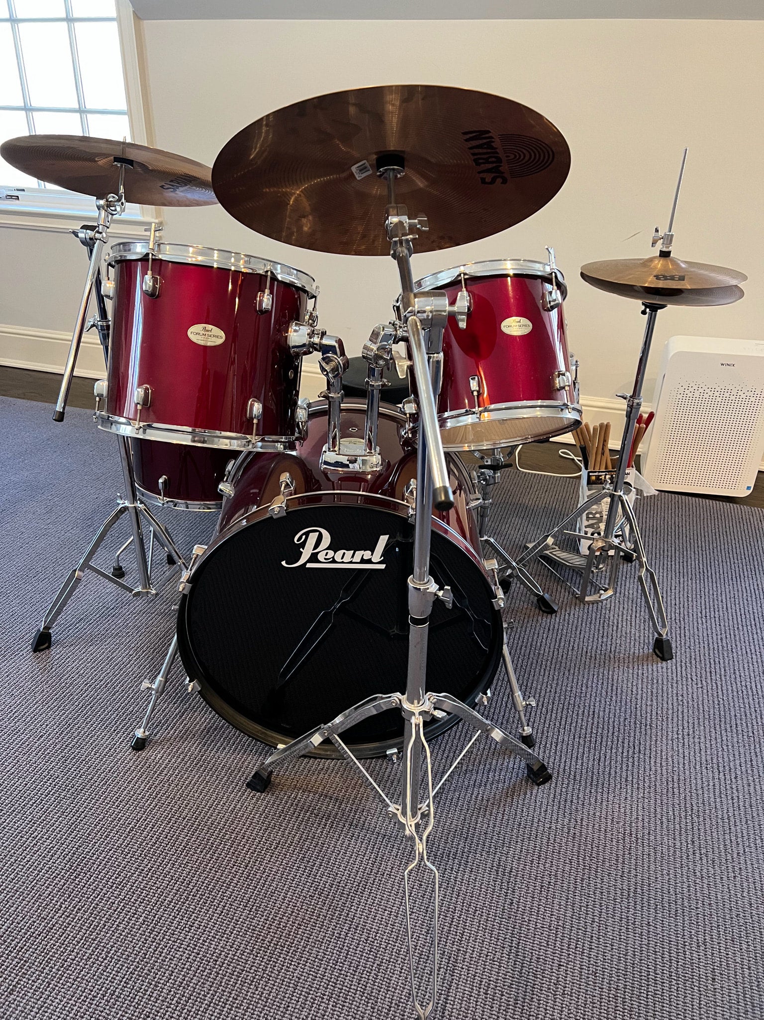 Used Red Pearl Forum Series Drum Kit 5 drums 3 cymbals Knack of all Trades